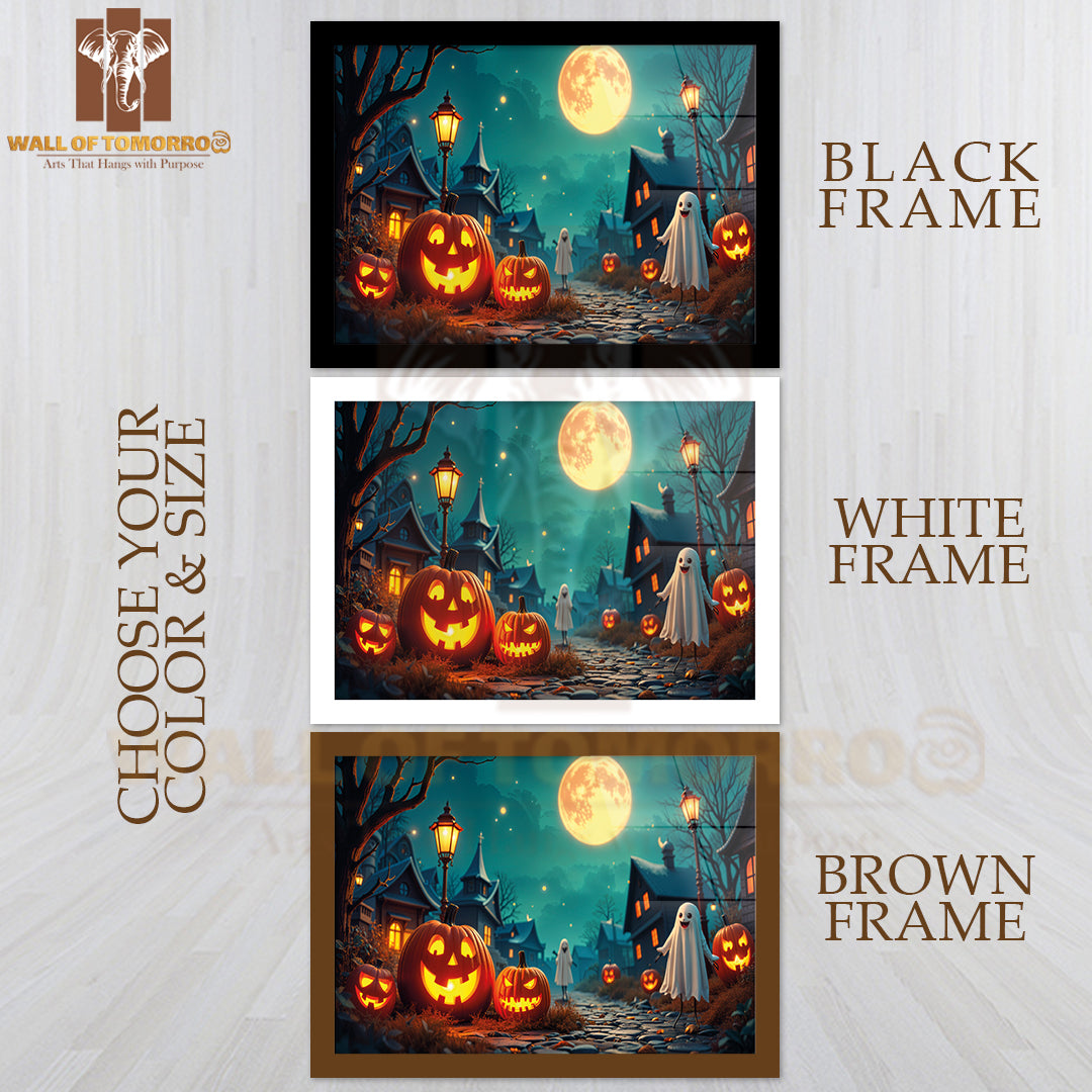 A Moonlit Halloween Scene with Glowing Jack-O'-Lanterns High Quality Glass Frame Wall Décor