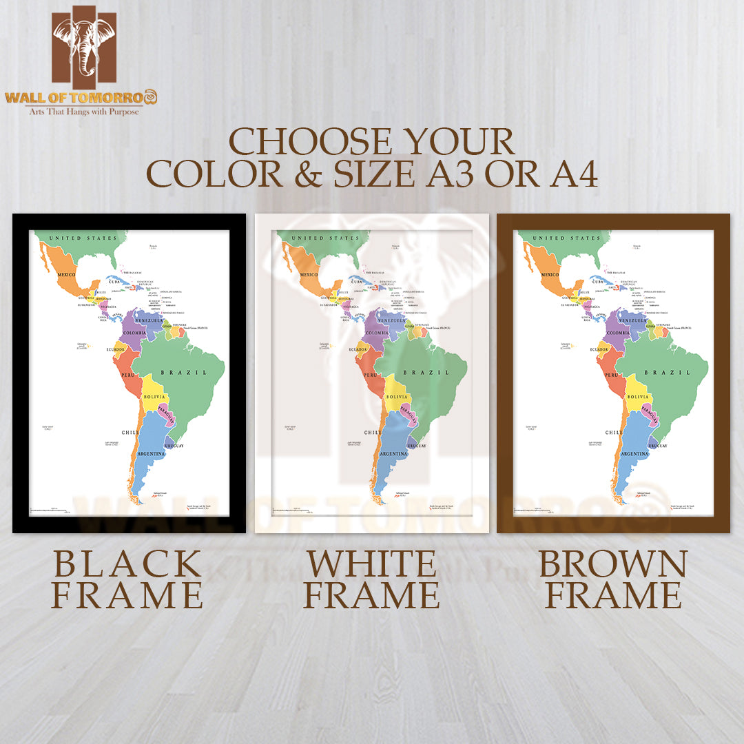 Latin America Single States Political Map Educational High Quality Glass Frame Wall Décor