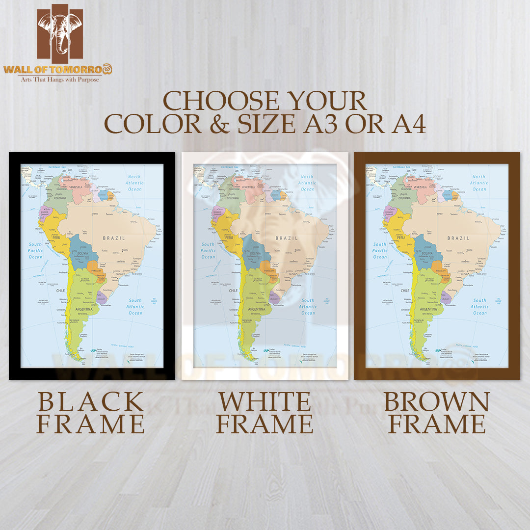 South America Highly Detailed Map Educational High Quality Glass Frame Wall Décor