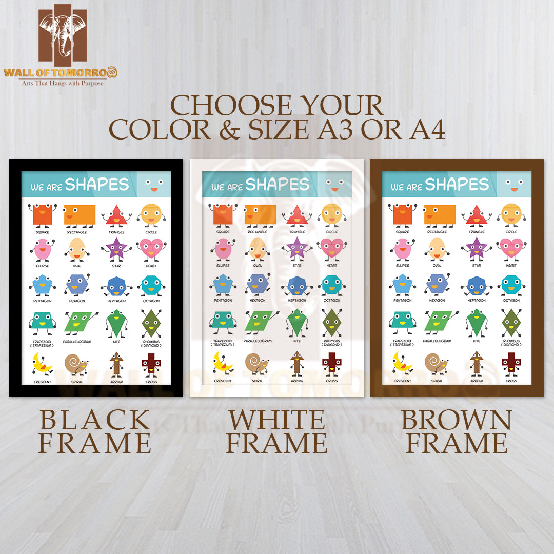 Kids Basic Shapes Chart, Kindergarten, Preschool, Education, Learning and Study Concept High Quality Glass Frame Wall Décor