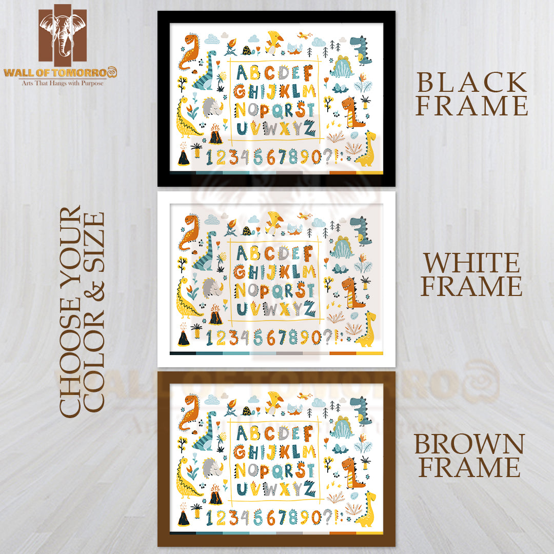 Dino Collection with Alphabet and Numbers Educational High Quality Glass Frame Wall Décor