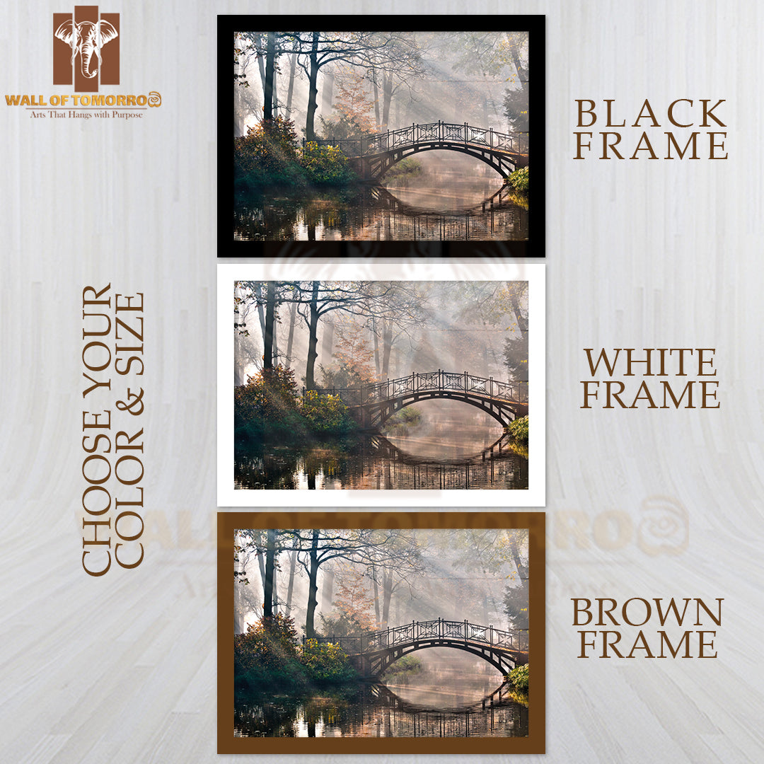 Old Bridge in Autumn Misty Park High Quality Glass Frame Wall Décor