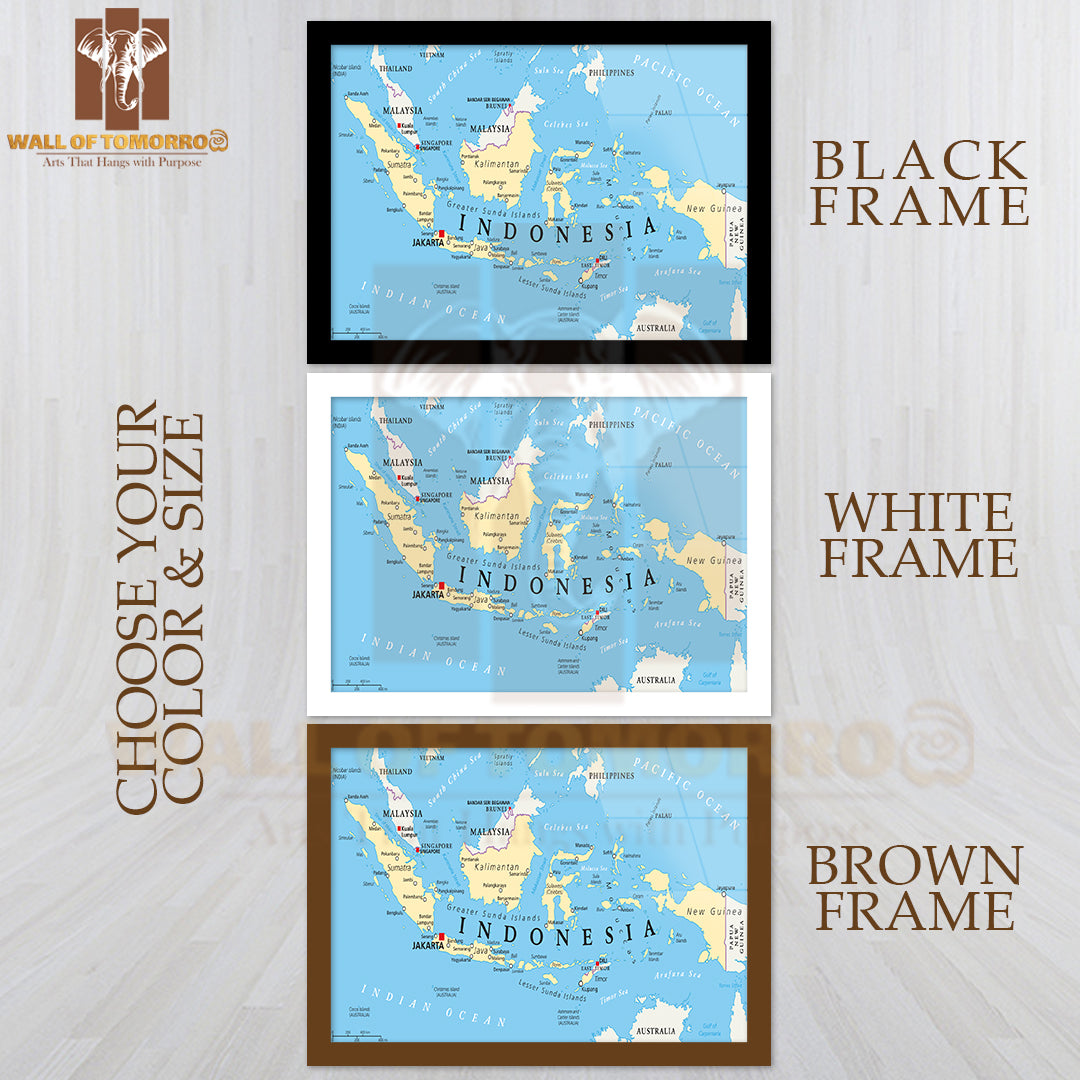 Indonesia Political Map with Capital Jakarta Educational High Quality Glass Frame Wall Décor