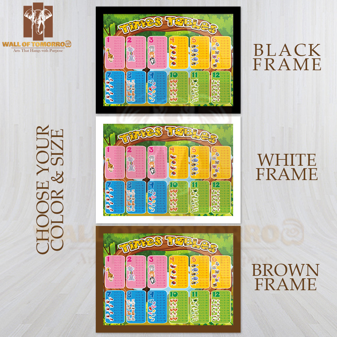 Times Tables with Cute Animals Educational High Quality Glass Frame Wall Décor