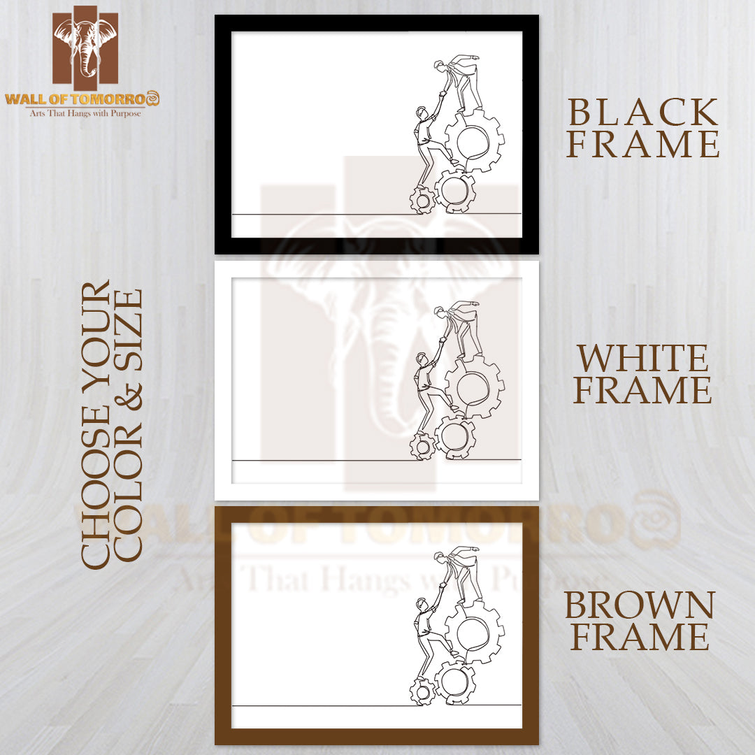 Line Drawing Two Young Businessmen Helping Each Other High Quality Glass Frame Wall Décor