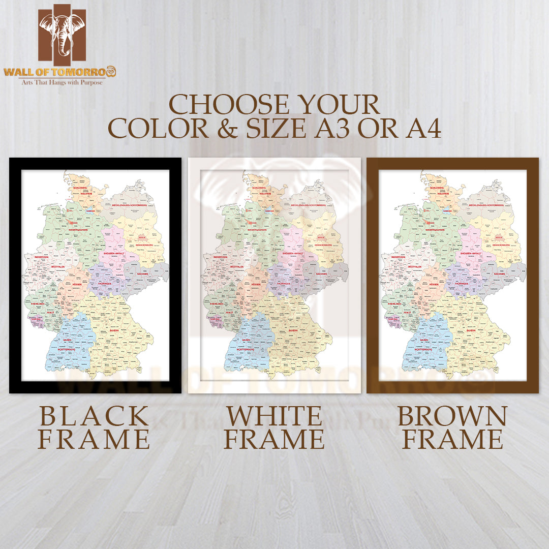 Administrative Map of Germany Educational High Quality Glass Frame Wall Décor