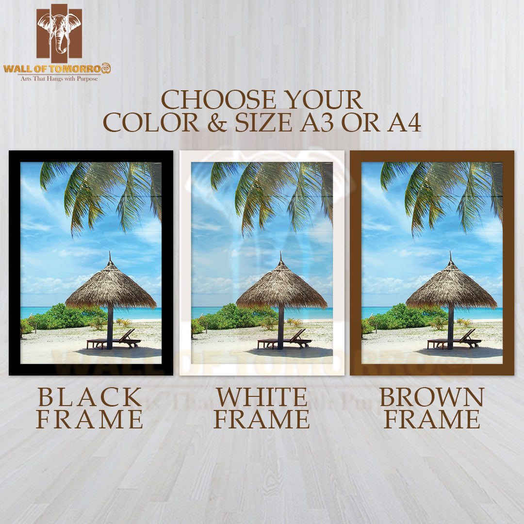 Beautiful White Maldivian Beach with Palm High Quality Glass Frame Wall Décor