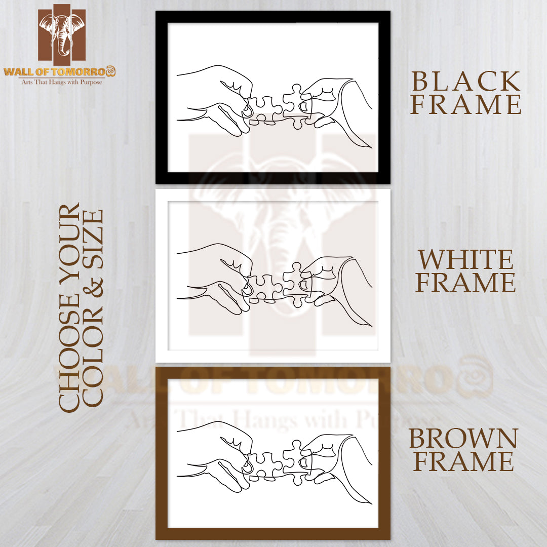 Line Drawing of Hands Solving Jigsaw Puzzle High Quality Glass Frame Wall Décor
