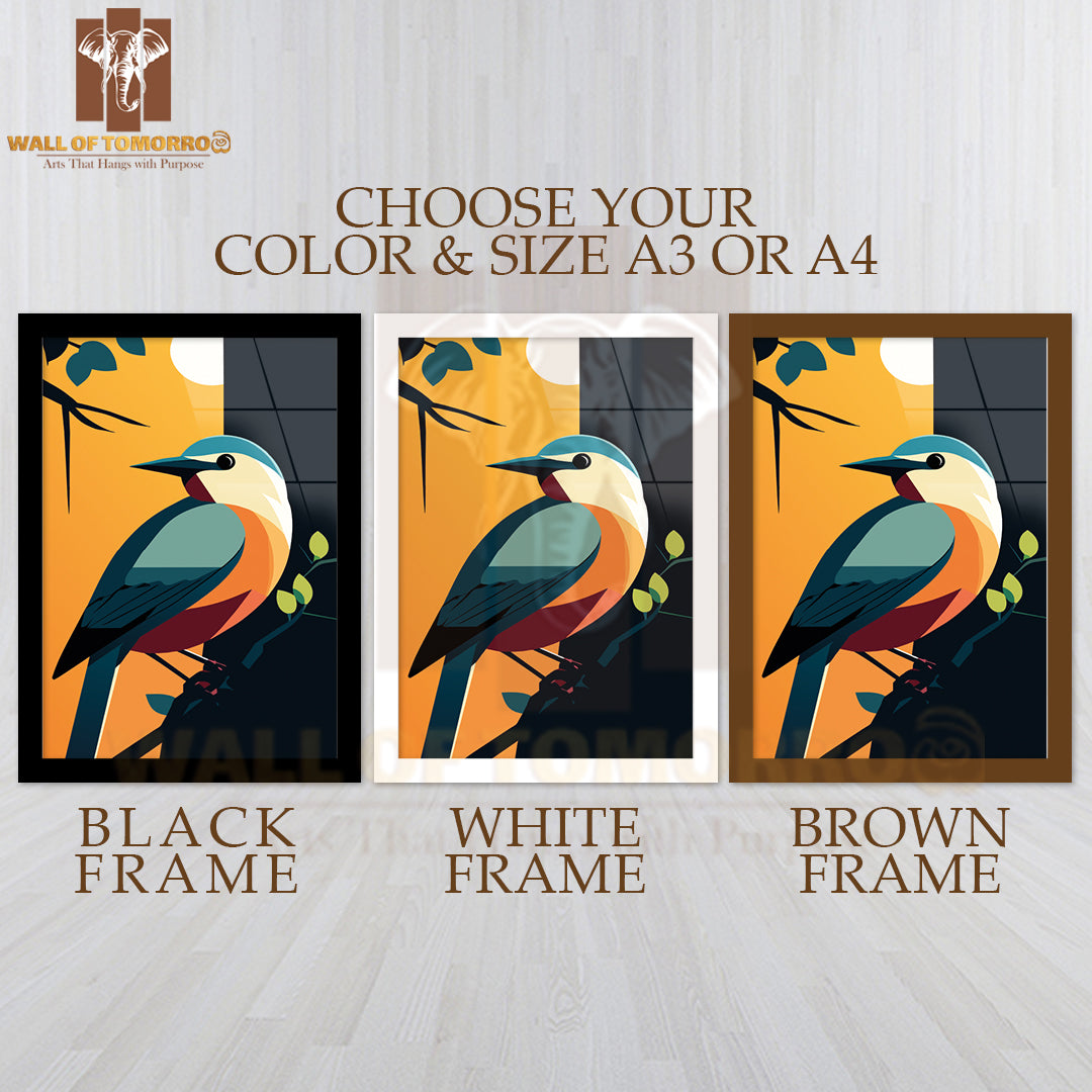 Vibrant Bird Perched on a Branch, Silhouetted Against a Stunning Sunset High Quality Glass Frame Wall Décors in Sri Lanka