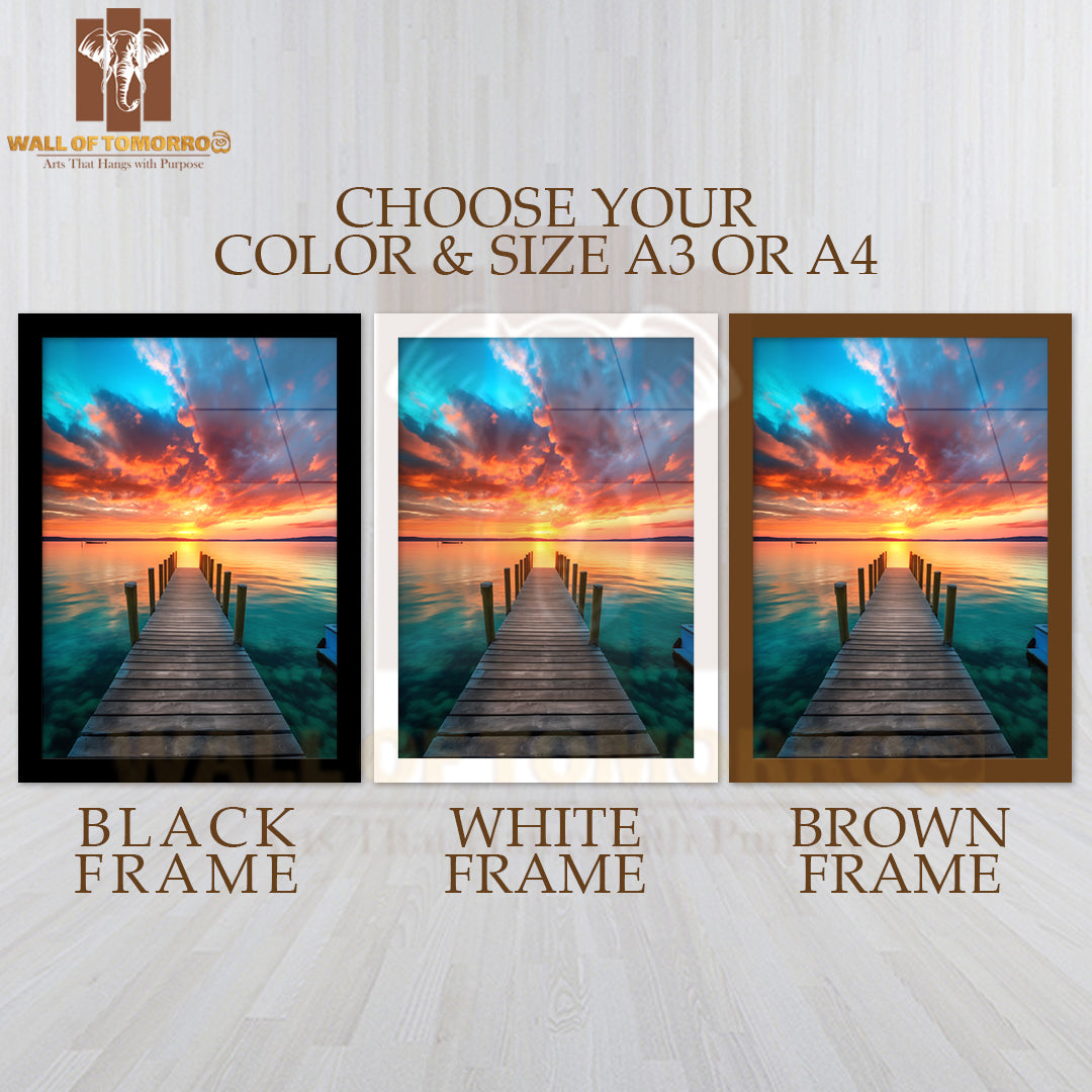 Dock With a Boat on The Water at Sunset High Quality Glass Frame Wall Décor