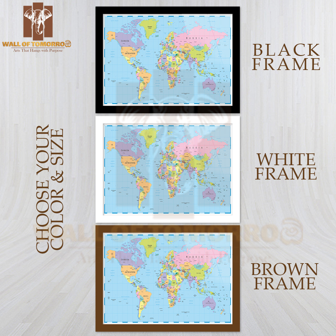 Borders, Countries and Cities World Map Educational High Quality Glass Frame Wall Décor
