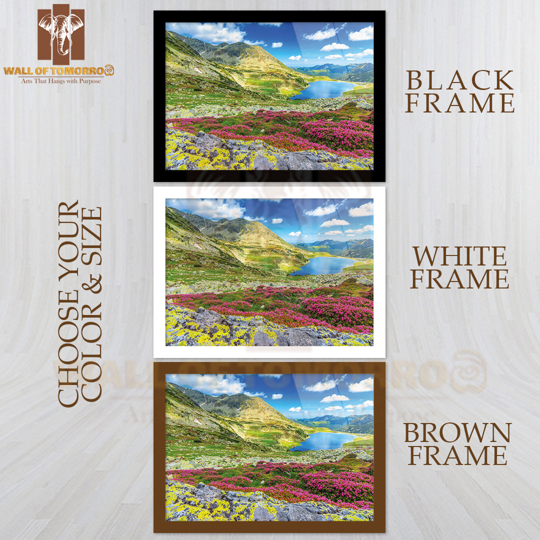 Glacier Lake, High Mountains and Stunning Pink Rhododendron Flowers High Quality Unframed Poster Print & Waterproof Poster Print Wall Décor