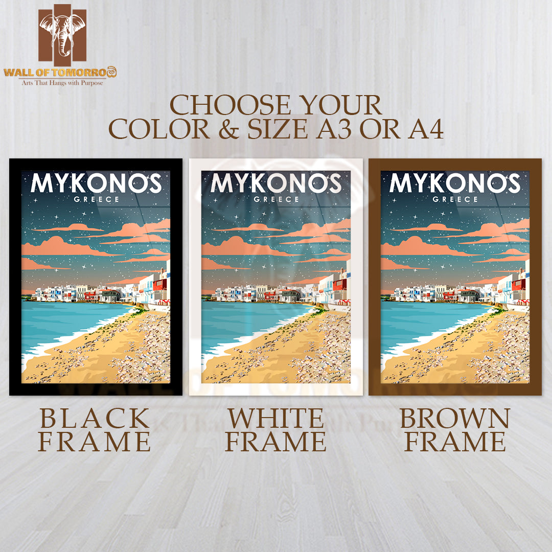 Mykonos Greece Beach with A Sky Background High Quality Glass Frame Wall Décor