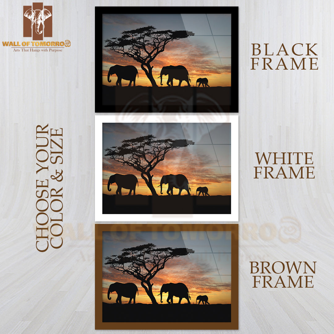 Family Of Elephants Walking in The Sunset High Quality Glass Frame Wall Décor