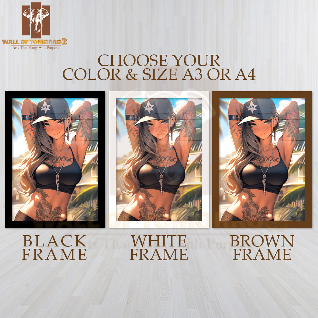 Woman With Tattoos on Her Arms and A Hat High Quality Glass Frame Wall Décor