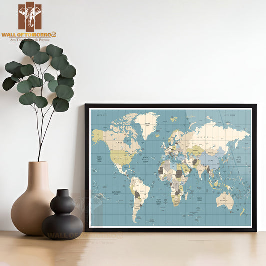 World Map Old Colors Educational High Quality Glass Frame Wall Décor