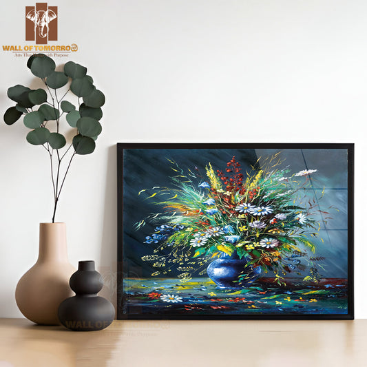 Painting Of a Vase with Flowers in It High Quality Glass Frame Wall Décor