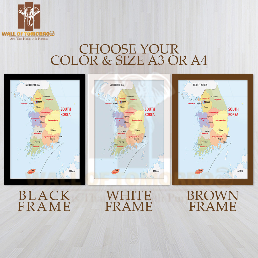 South Korea Administrative Map Educational High Quality Glass Frame Wall Décor