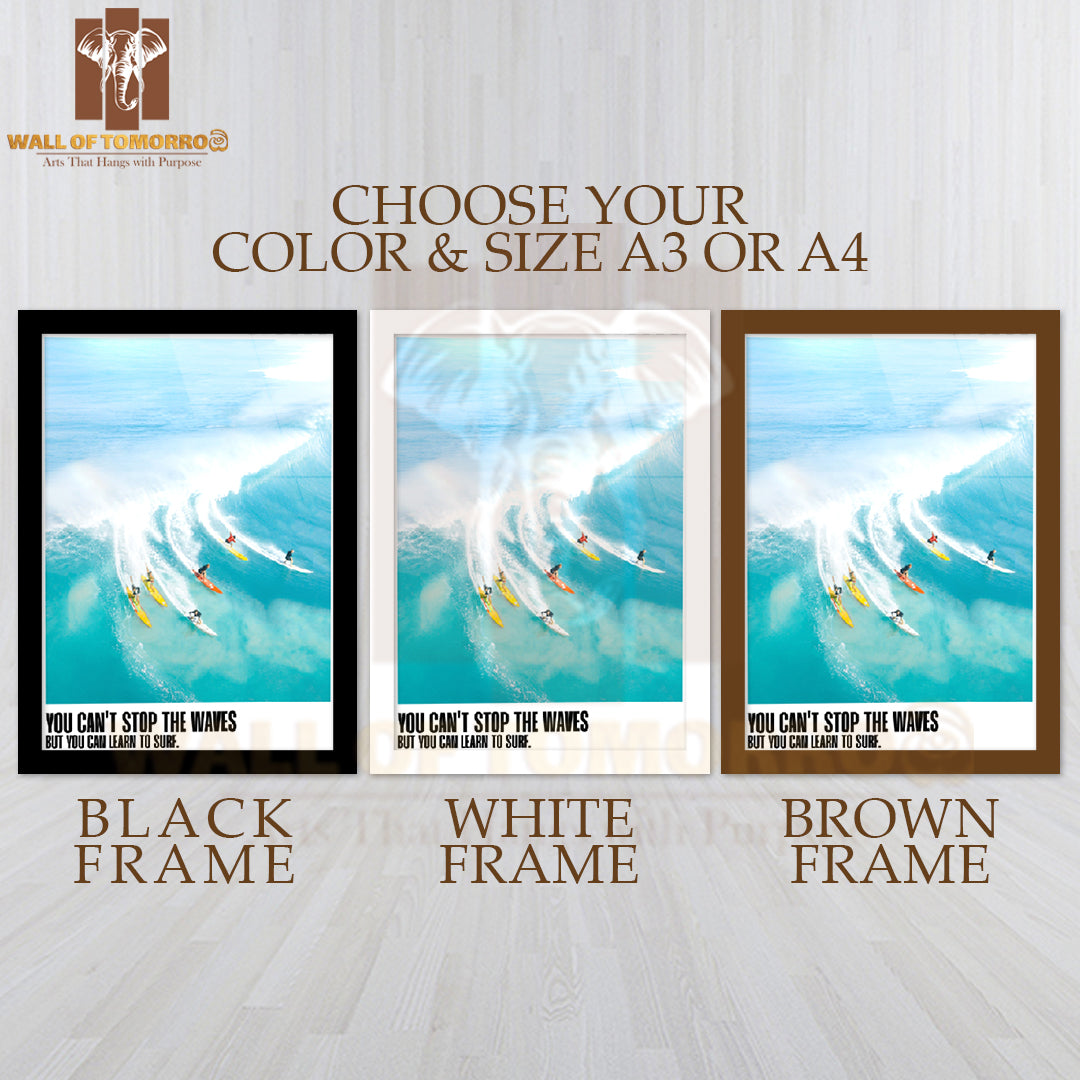 Group Of People Riding Surfboards on Top of a Wave High Quality Glass Frame Wall Décor