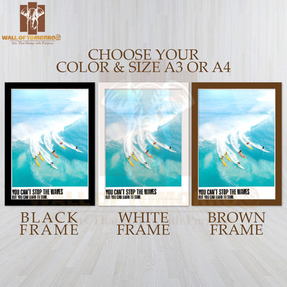 Group Of People Riding Surfboards on Top of a Wave High Quality Glass Frame Wall Décor