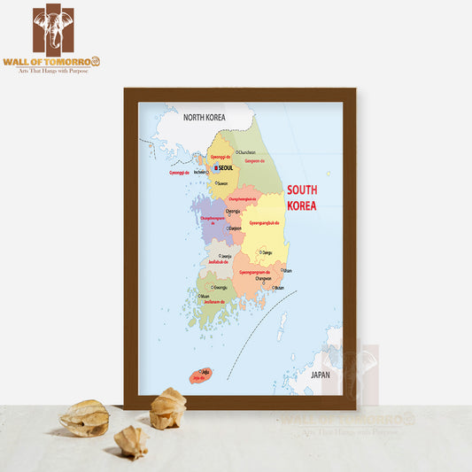 South Korea Administrative Map Educational High Quality Glass Frame Wall Décor