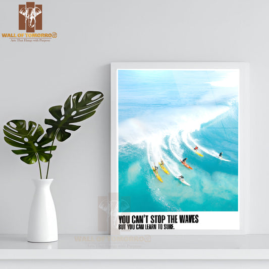 Group Of People Riding Surfboards on Top of a Wave High Quality Glass Frame Wall Décor