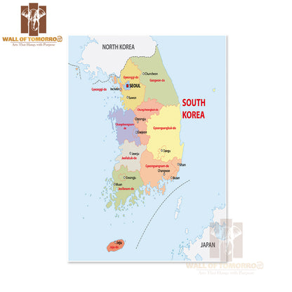 South Korea Administrative Map Educational High Quality Unframed Poster Print & Waterproof Poster Print Wall Décor