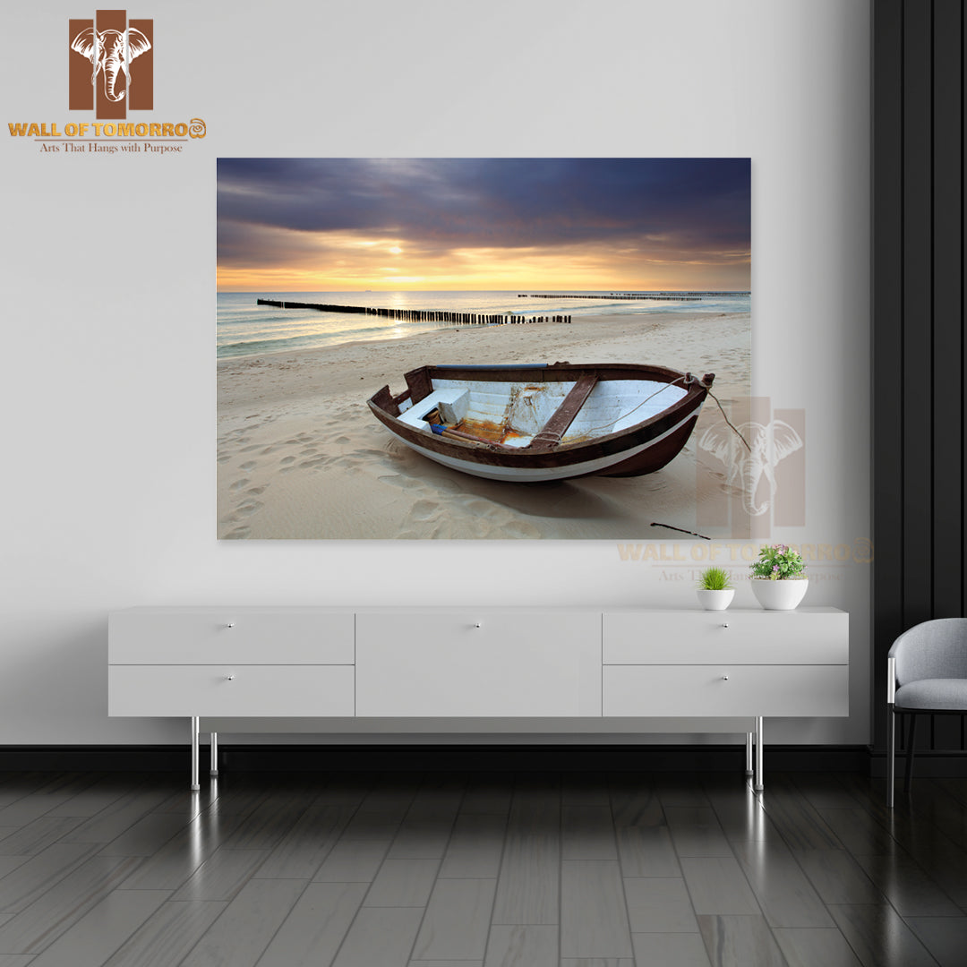 Boat On a Beach with A Pier in The Background High Quality Unframed Poster Print & Waterproof Poster Print Wall Décor