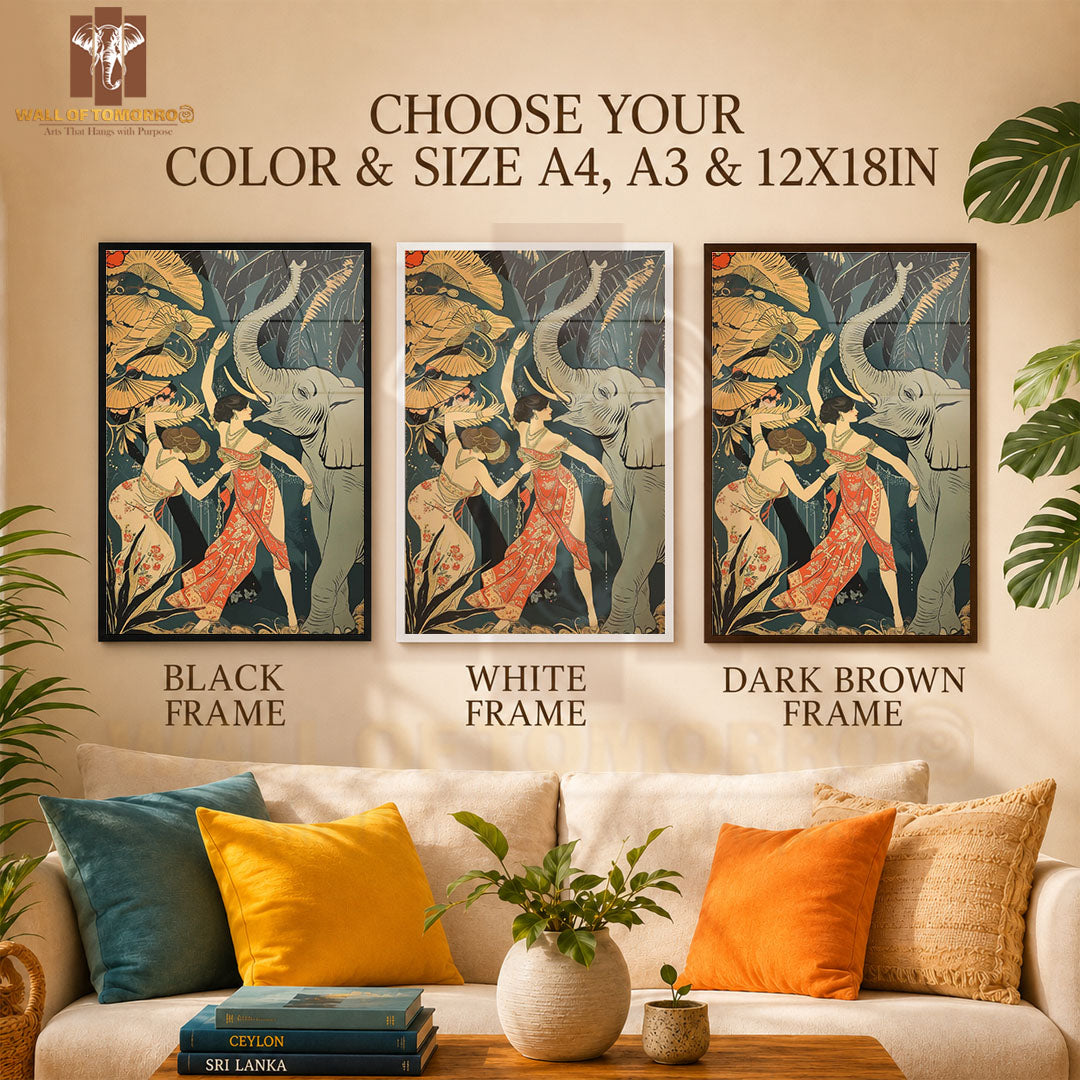 Two Women in Flowing Floral Gowns Beside a Raised Trunk Elephant Animals High Quality Glass Frame Wall Décor in Sri Lanka