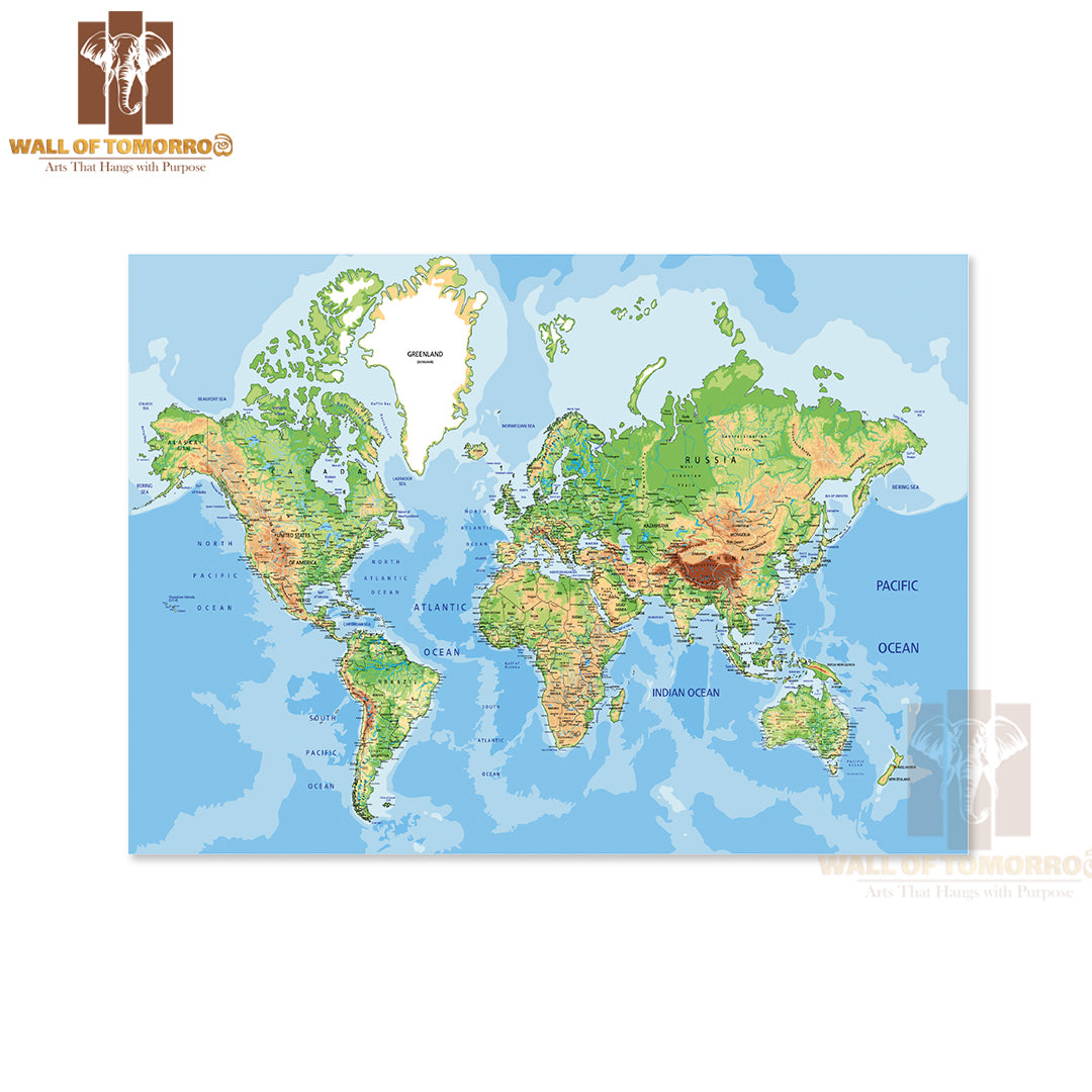 Highly Detailed Physical World Map Educational High Quality Unframed Poster Print & Waterproof Poster Print Wall Décor