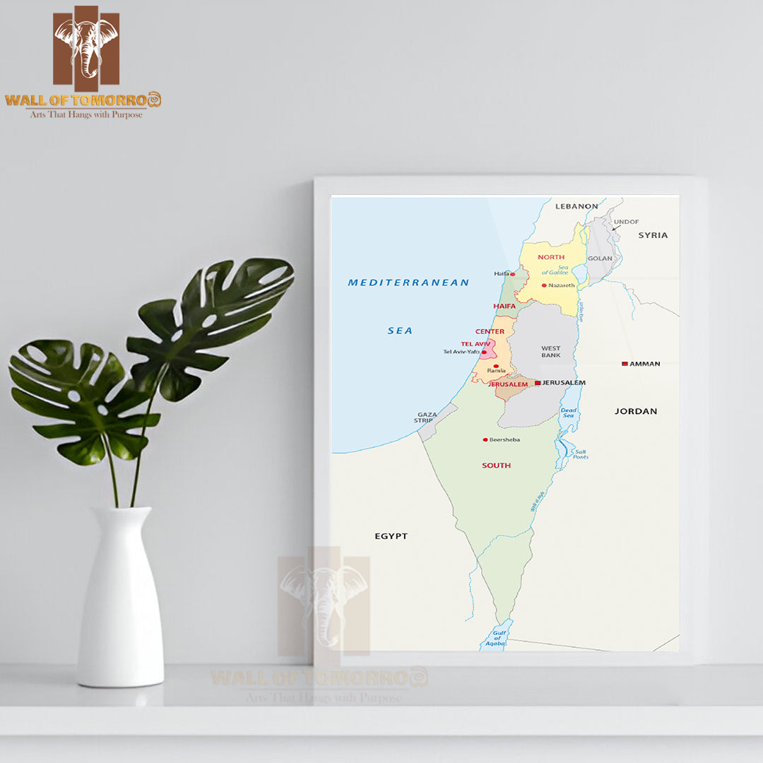 Israel Administrative Map Educational High Quality Glass Frame Wall Décor