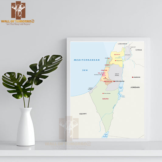 Israel Administrative Map Educational High Quality Glass Frame Wall Décor