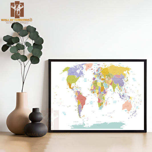 High Detail World Map with Colors Educational High Quality Glass Frame Wall Décor
