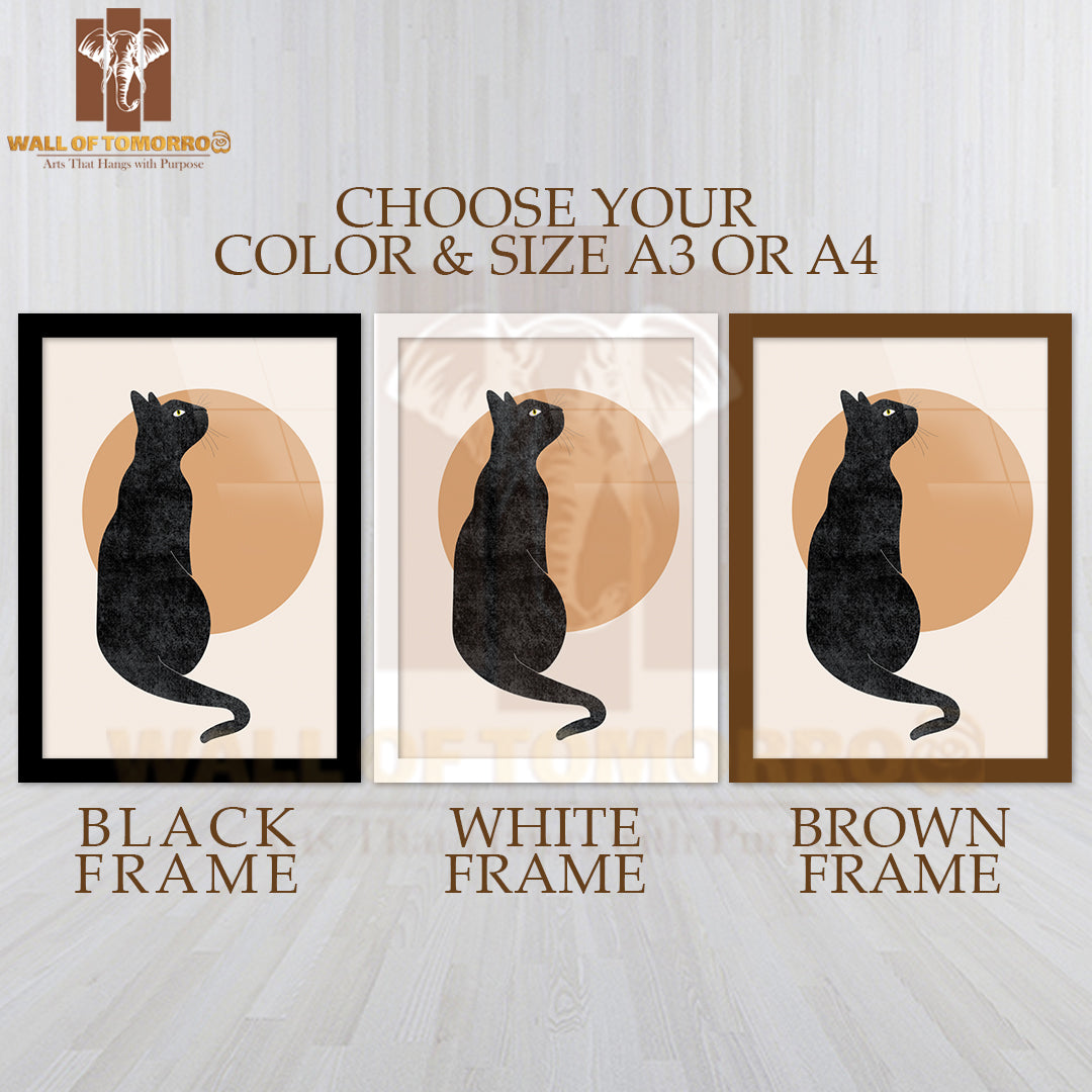 Black Cat Sitting Gracefully on a Soft Beige Background High Quality Glass Frame Wall Décors in Sri Lanka