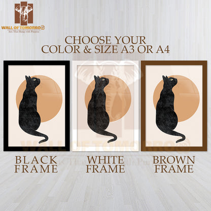 Black Cat Sitting Gracefully on a Soft Beige Background High Quality Glass Frame Wall Décors in Sri Lanka