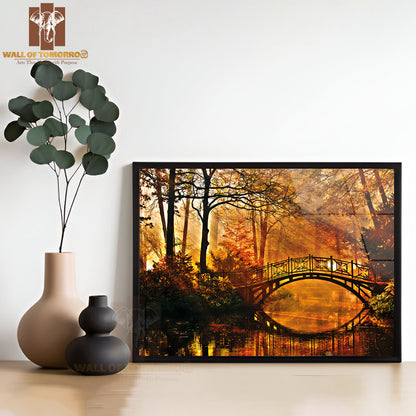 Autumn Old Bridge in Autumn Misty Park High Quality Unframed Poster Print & Waterproof Poster Print Wall Décor