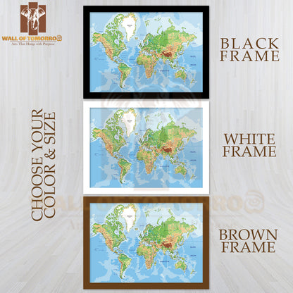 Highly Detailed Physical World Map Educational High Quality Glass Frame Wall Décor