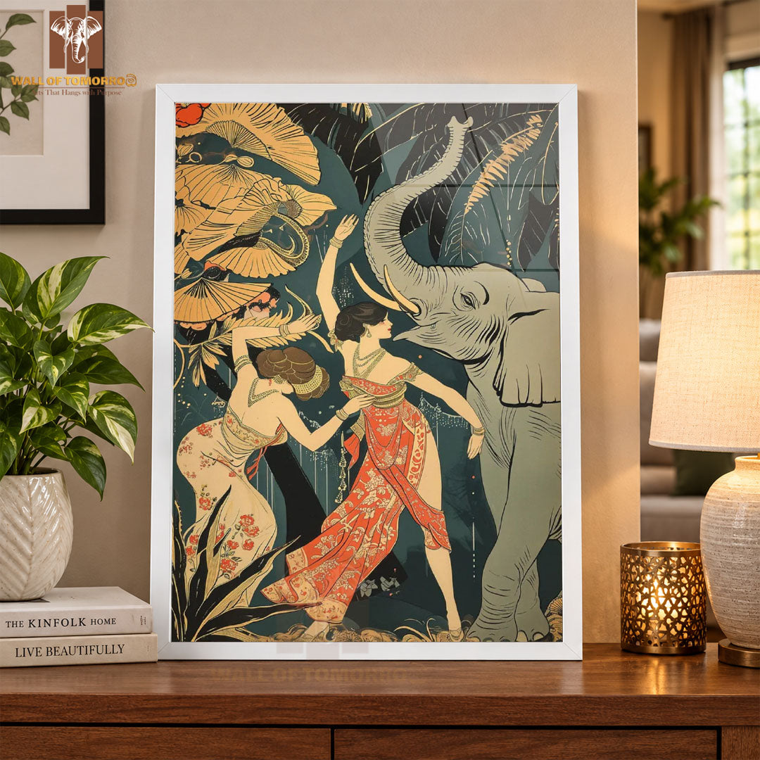 Two Women in Flowing Floral Gowns Beside a Raised Trunk Elephant Animals High Quality Glass Frame Wall Décor in Sri Lanka