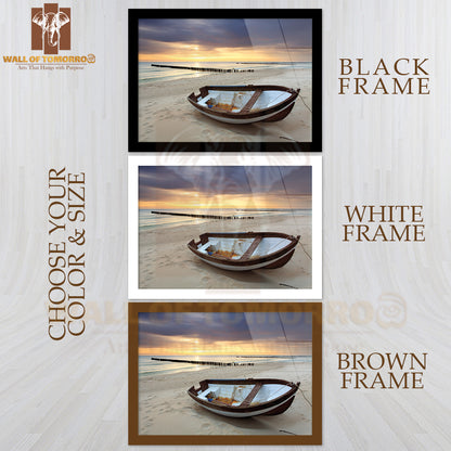 Boat On a Beach with A Pier in The Background High Quality Glass Frame Wall Décor
