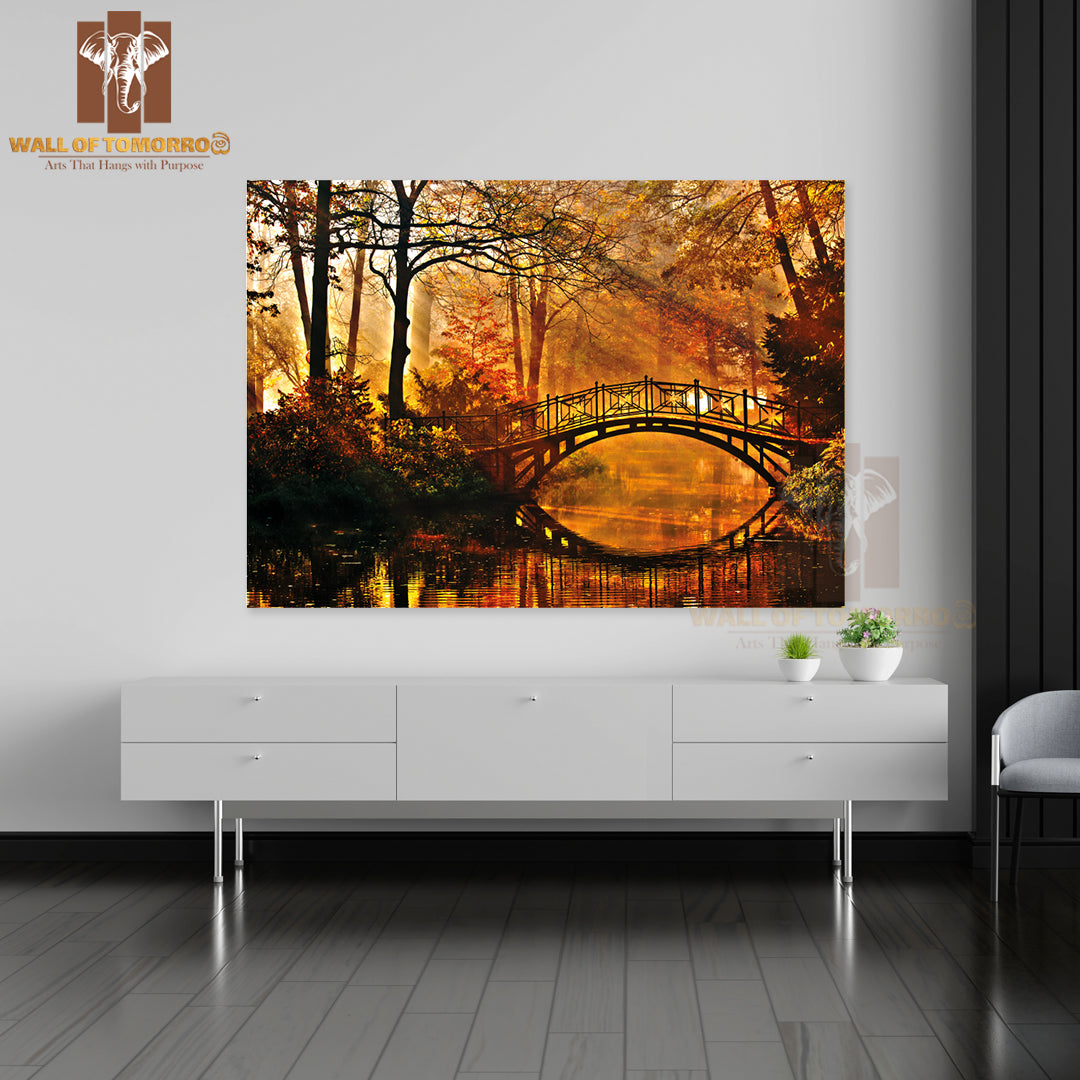 Autumn Old Bridge in Autumn Misty Park High Quality Unframed Poster Print & Waterproof Poster Print Wall Décor