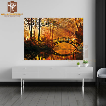 Autumn Old Bridge in Autumn Misty Park High Quality Unframed Poster Print & Waterproof Poster Print Wall Décor