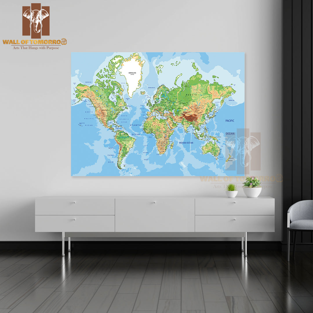Highly Detailed Physical World Map Educational High Quality Unframed Poster Print & Waterproof Poster Print Wall Décor
