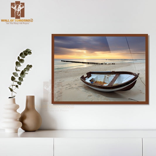 Boat On a Beach with A Pier in The Background High Quality Glass Frame Wall Décor
