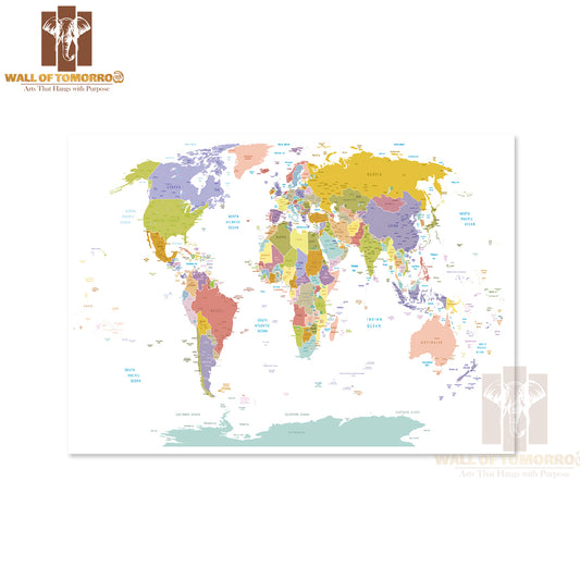 High Detail World Map with Colors Educational High Quality Unframed Poster Print & Waterproof Poster Print Wall Décor