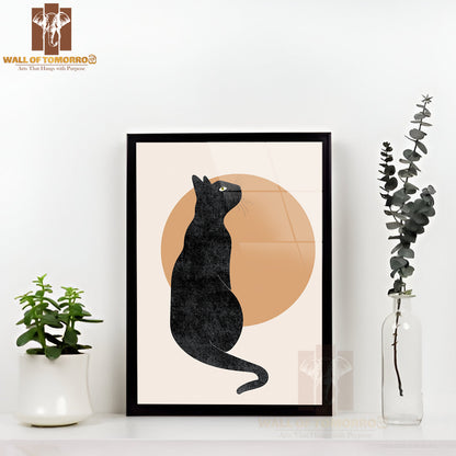 Black Cat Sitting Gracefully on a Soft Beige Background High Quality Glass Frame Wall Décors in Sri Lanka