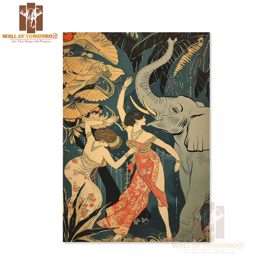 Two Women in Flowing Floral Gowns Beside a Raised Trunk Elephant Animals High Quality Unframed Poster Print & Laminated Poster Print Wall Décor in Sri Lanka