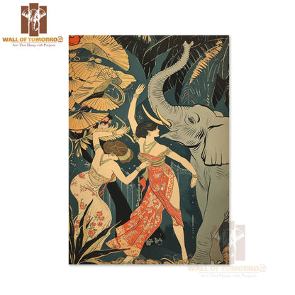 Two Women in Flowing Floral Gowns Beside a Raised Trunk Elephant Animals High Quality Unframed Poster Print & Laminated Poster Print Wall Décor in Sri Lanka