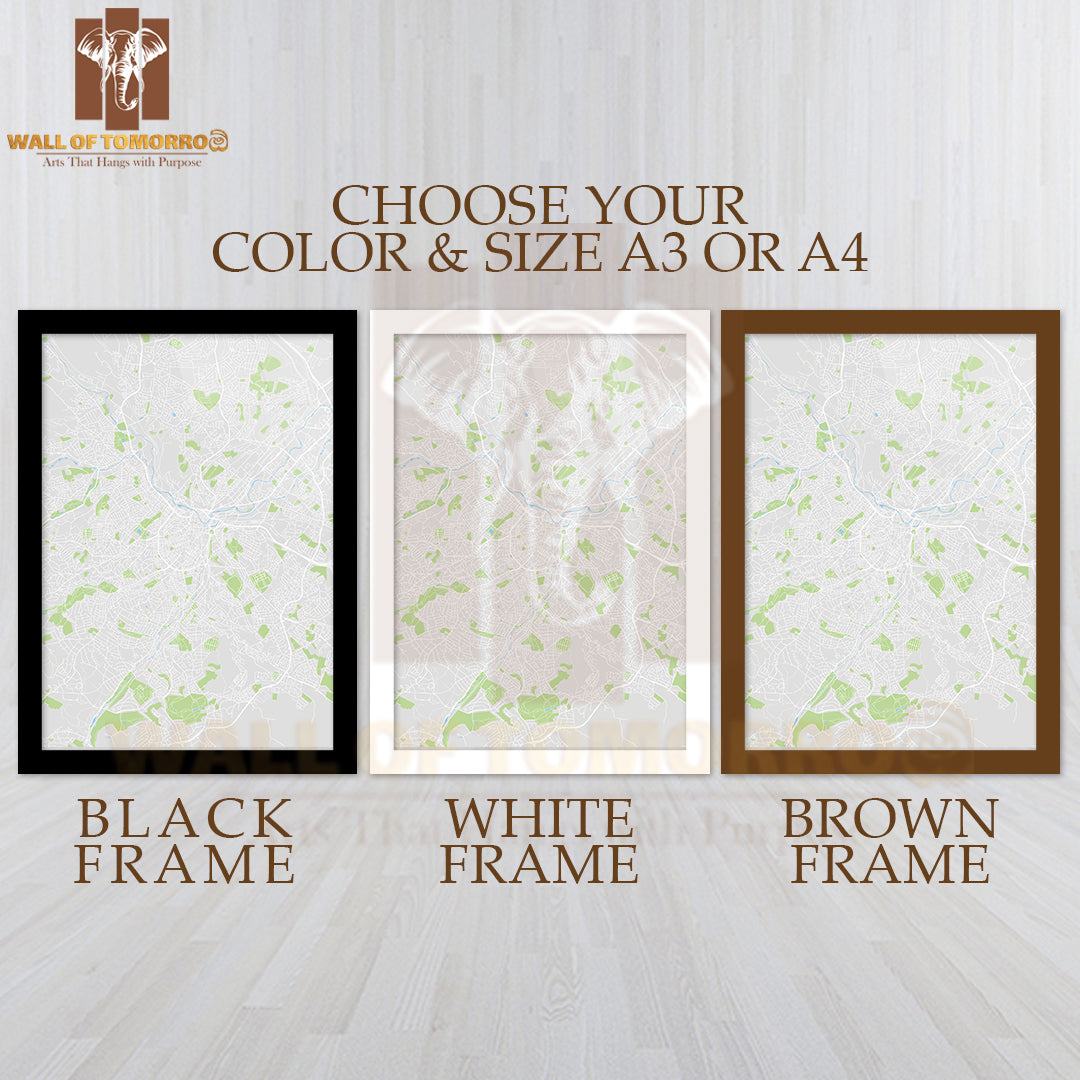 Sheffield City, Color Detailed Map Educational High Quality Glass Frame Wall Décor