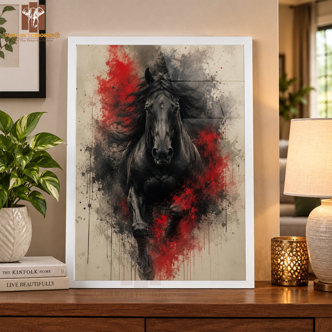 Black & Red Painting Horse Animals High Quality Glass Frame Wall Décor in Sri Lanka