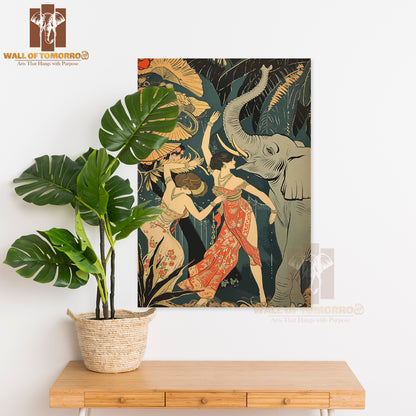Two Women in Flowing Floral Gowns Beside a Raised Trunk Elephant Animals High Quality Unframed Poster Print & Laminated Poster Print Wall Décor in Sri Lanka